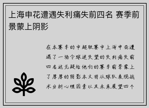 上海申花遭遇失利痛失前四名 赛季前景蒙上阴影
