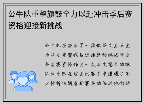 公牛队重整旗鼓全力以赴冲击季后赛资格迎接新挑战