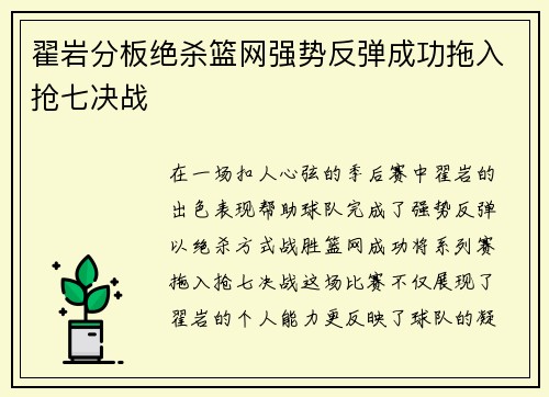 翟岩分板绝杀篮网强势反弹成功拖入抢七决战