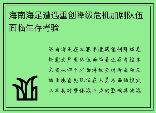 海南海足遭遇重创降级危机加剧队伍面临生存考验