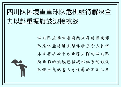 四川队困境重重球队危机亟待解决全力以赴重振旗鼓迎接挑战