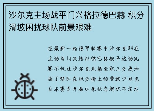 沙尔克主场战平门兴格拉德巴赫 积分滑坡困扰球队前景艰难