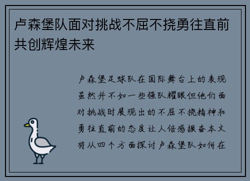 卢森堡队面对挑战不屈不挠勇往直前共创辉煌未来