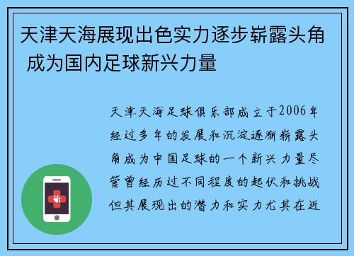 天津天海展现出色实力逐步崭露头角 成为国内足球新兴力量