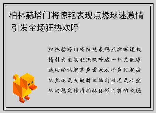 柏林赫塔门将惊艳表现点燃球迷激情 引发全场狂热欢呼