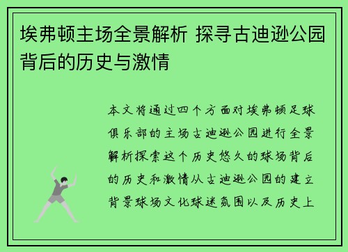 埃弗顿主场全景解析 探寻古迪逊公园背后的历史与激情