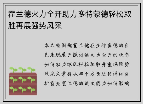 霍兰德火力全开助力多特蒙德轻松取胜再展强势风采