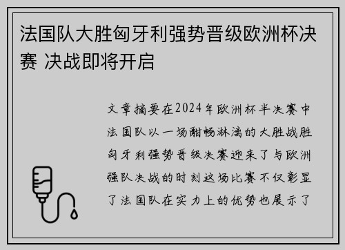 法国队大胜匈牙利强势晋级欧洲杯决赛 决战即将开启
