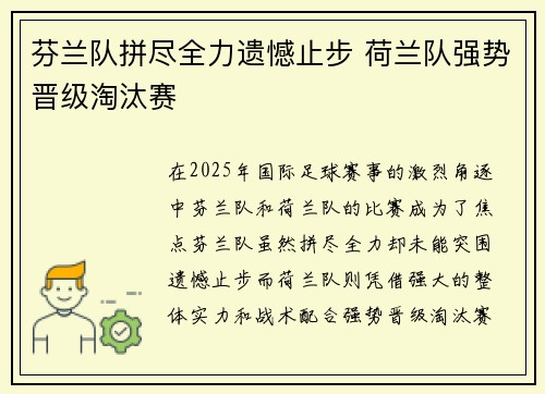 芬兰队拼尽全力遗憾止步 荷兰队强势晋级淘汰赛
