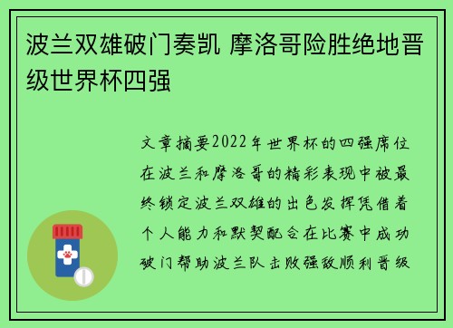 波兰双雄破门奏凯 摩洛哥险胜绝地晋级世界杯四强