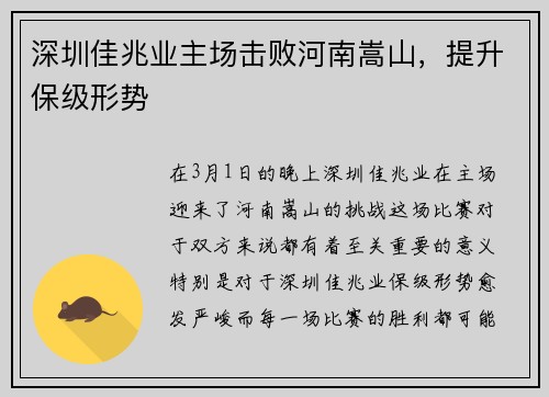 深圳佳兆业主场击败河南嵩山，提升保级形势