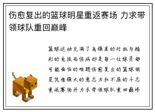 伤愈复出的篮球明星重返赛场 力求带领球队重回巅峰