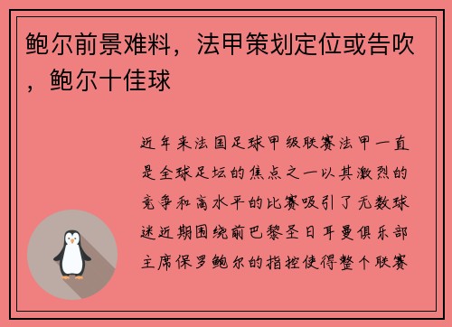 鲍尔前景难料，法甲策划定位或告吹，鲍尔十佳球